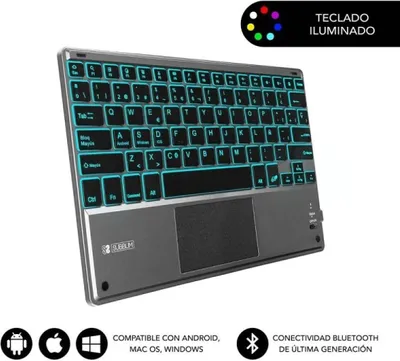 A gray wireless Bluetooth keyboard with a touchpad and illuminated blue keys is shown against a white background.