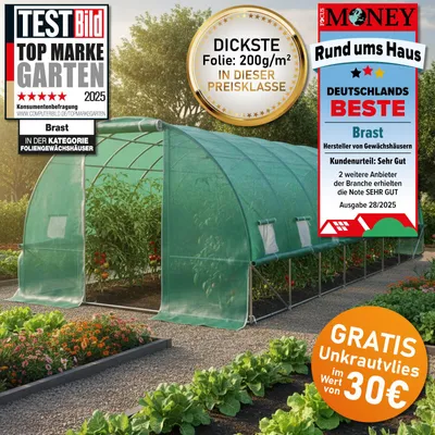 Produktbild von BRAST Gewächshaus Foliengewächshaus mit Stahlfundament | 3x8m | inkl. Erdanker Unkrautvlies & aufrollbare Seitenwände mit Moskitonetz | UV-stabilisierte Gitterschutzfolie 200g/m²