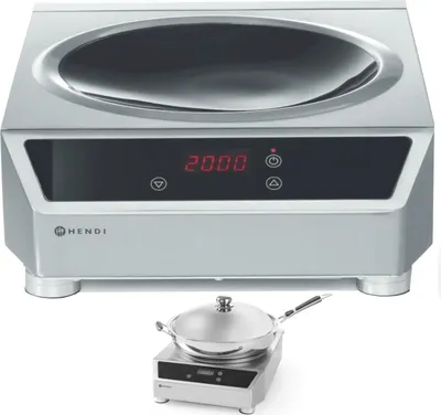 A Hendi induction wok cooker with a digital display and a wok pan on a separate smaller induction cooker.