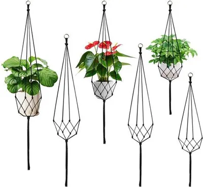 Produktbild von Sechsfachige Macramé-Hängekörbe, schwarze Macramé-Pflanztöpfe, Hängekorb aus Baumwollfaden (60/80/100 cm), Hängekorb für Pflanzen, Boho-Pflanzenhänge für Garten, Balkon (schwarz)