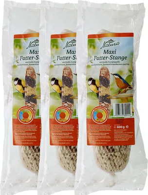 Three bags of bird food sticks are shown in their packaging.