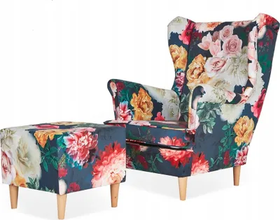 Produktbild von Family Meble Ohrensessel mit Hocker Print Relaxsessel Skandinavisch Bequemer Sessel Loungesessel Fernsehsessel Wohnzimmer Schlafzimmer Büro (M 135)