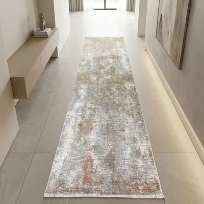 Zdjęcie produktu dla Dywan miedziany, szary, kremowy z abstrakcyjnym wzorem i frędzlami, nowoczesny, wymiary: 80 x 300 cm
