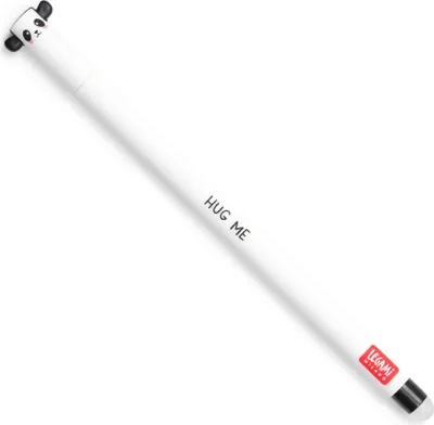 A white gel pen with a panda design at the top and the text 'HUG ME' printed on the barrel.