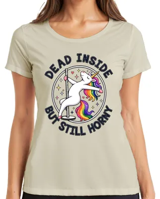 Productafbeelding van "Binnenin dood, maar nog steeds zin in . Een grappig eenhoorn-shirt met een regenboog. Sarcastisch dames T-shirt, maat M."