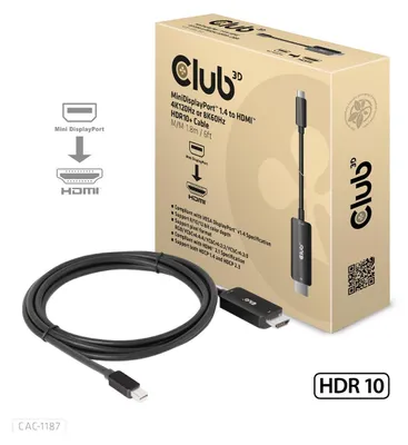 Image de Club3d CLUB3D Câble MiniDisplayPort 1.4 vers HDMI 4K120Hz ou 8K60Hz HDR10+ M/M 1.8m / 6ft