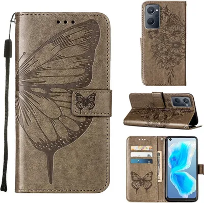 Produktbild von OPPO Realme 9i Hülle, Schmetterling Prägung Flip Leder Kartenfächer Schutzhülle Ledertasche mit Ständer für OPPO Realme 9i Grau