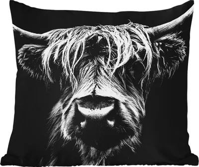 Produktbild von MuchoWow® Outdoor Kissen - Schottisches Hochlandrind - Hörner - Schwarz - Weiß - Kuh - Wild - Tiere - 45x45 cm - Wetterfest - Lounge Kissen - Fotokissen - Dekoratives Kissen