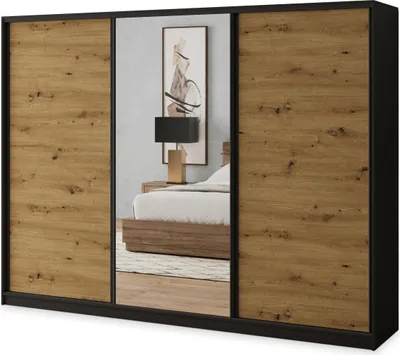 Produktbild von Masseno Schiebetürenschrank SORE 235/205/58 cm Kleiderschrank mit 4 Schubladen Schlafzimmer Schrank 3-türig mit Spiegel Schwarz / Eiche Artisan