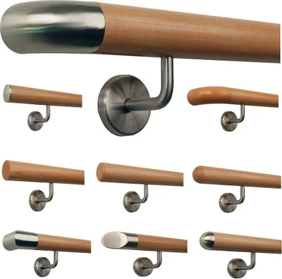 Produktbild von TIBU Buche Holz Handlauf Geländer 0,3m - 5m, Länge 50 cm, Ende Edelstahlbogen und 2 gewinkelte Halter