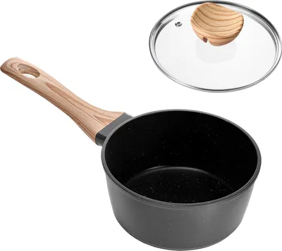 A black saucepan with a wooden handle and a glass lid with a wooden knob are displayed against a white background.