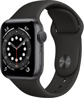 A close-up shot of a gray Apple Watch with a black band, displaying the time and other information on its screen.