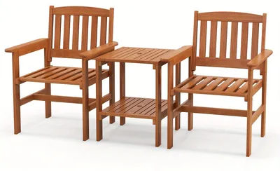 Immagine prodotto di Panca da giardino - Panca da esterno - Panca per balcone - Arredo da giardino - Panca da giardino a 2 posti - Legno di acacia - Con tavolino laterale e supporto per ombrellone