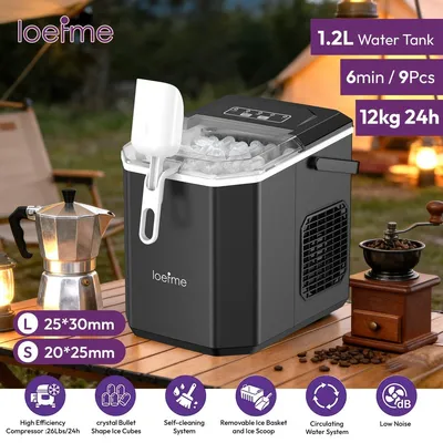 Produktbild von Eiswürfelmaschine leise kompakt tragbar mit Selbstreinigung 2 Eisgrößen für Zuhause Bar Küche und Party Eisbereiter 12 kg pro Tag 6 Minuten