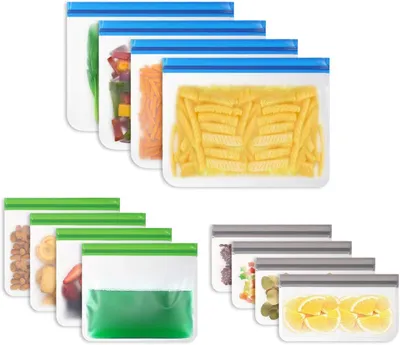 Produktbild von 12er-Pack wiederverwendbare Gefrierbeutel mit Reißverschluss, klein/mittel/groß, wiederverwendbare Aufbewahrungsbeutel, Silikonbeutel