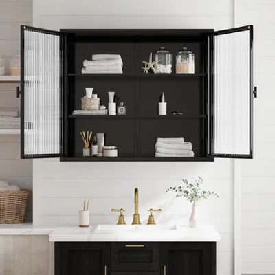 Image de OKWISH Meuble de Salle de Bain Mural - Armoire Moderne avec 3 Étagères et Portes en Verre - Structure Métal Noire 70x23x60 cm