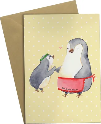Produktbild von Mr. & Mrs. Panda Grußkarte Pinguin mit Kind - Gelb Pastell - Geschenk, glückwunschkarten, Lieblingsmensch, Vorbild Mama, Muttertag, babykarte, Grußkarten, Familie, Mutter