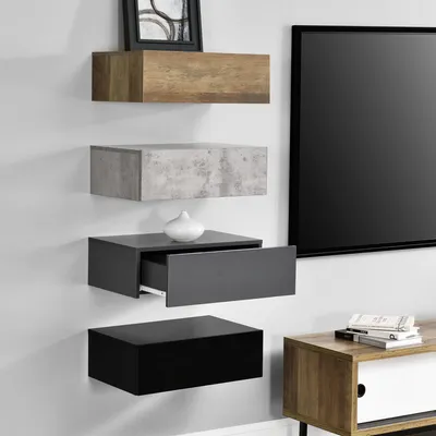 Obrázek produktu pro Nástěnná police "Oslo" se zásuvkou Sada 4 kusů 46x30x15cm Dřevo/Beton/Tmavě šedá/černá