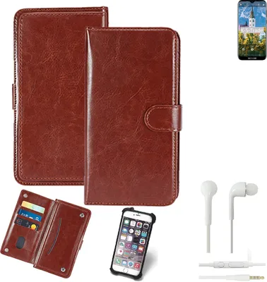 Produktbild von K-S-Trade 360° Hülle kompatibel mit Doogee Y8 Plus inkl. Headphones braun Kunstleder Case BookCase WalletCase Kunstlederederhülle Handyhülle,