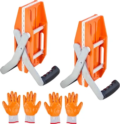 Two orange stone carrying clamps and four orange work gloves are displayed against a white background.