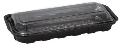 Produktbild von 50 Sushi-Schalen R-PET rechteckig 21 cm x 8,8 cm x 4,3 cm schwarz mit transparentem Deckel