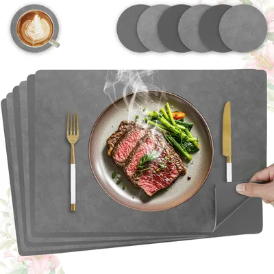 Obrázek produktu pro Podtácky z umělé kůže, voděodolné, omyvatelné, sada 6 kusů, protiskluzové, vhodné na stůl