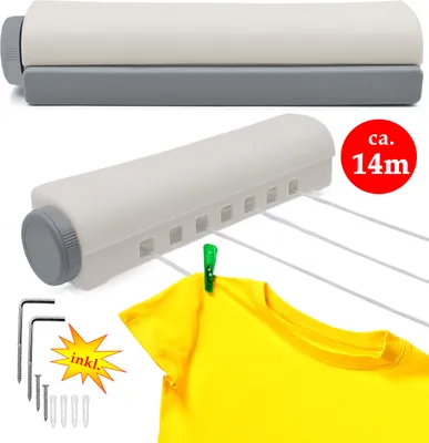 Produktbild von Wandtrockner 14m Wäscheleine aus Kunststoff mit Wäscheseil und 4 Leinen ausziehbar automatisch trocknen Wäsche mit praktischer Aufroll-Automatik zur Wandmontage