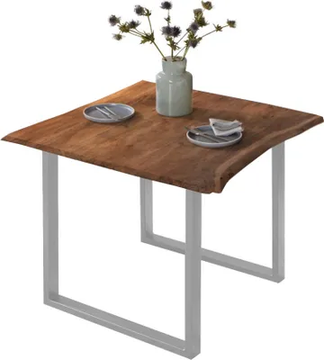 Produktbild von Esstisch Baumkante massiv Akazie nussbaumfarben 80 x 80 cm silber U-Gestell BILLY