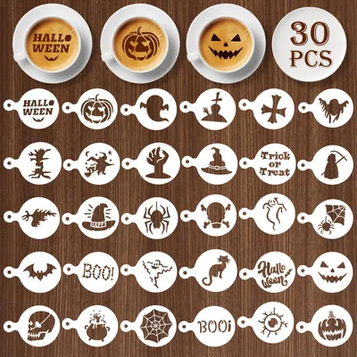 30 Halloween-Schablonen für Kaffee & Kuchen, wiederverwendbar, PET