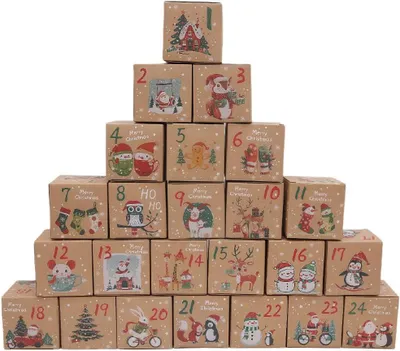Image de Calendrier de l'Avent à remplir - 24 boîtes de calendrier de l'Avent - Jolis sacs cadeaux - Boîtes décorées de motifs de Noël (beige - E)