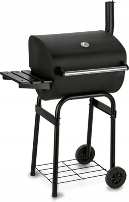 Produktbild von Grosser Schwarzer Gartengrill Aus Holzkohle Mit Deckel, Abstellplatte, Ascheschale Und Thermometer