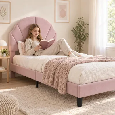 Image de INONEFT, lit simple 90x200 cm, lit rembourré avec repose-tête réglable en hauteur, lit pour enfant avec sommier à lattes, lit simple rembourré, lit pour adolescents, velours, rose