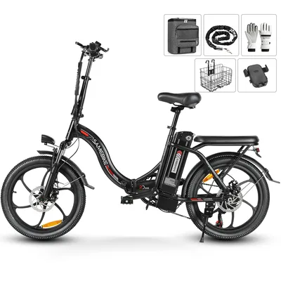 A black electric bicycle with various accessories displayed in separate boxes in the upper right corner.