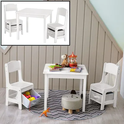 Produktbild von Kindertisch mit 2 Stühlen - 1 Tisch und 2 Stühle aus Holz für Kinder - Mit Stauraum - Spieltisch / Basteltisch / Zeichentisch / Sitzgruppen-Set - Decopatent