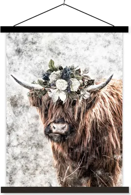 Produktbild von MuchoWow® Textilposter Schottisches Hochlandrind - Marmor - Blumen 90x120 cm mit schwarzem Rahmen - Dekoration
