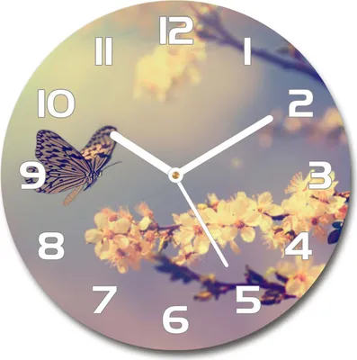 Produktbild von Wanduhr aus Glas 30fi Glasbild Glasuhr Gehärtetes Glas - weisse-zeiger - Cherry blossom and butterfly