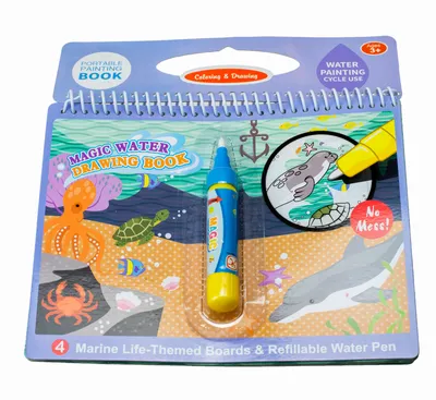 A magic water drawing book with a refillable water pen, featuring marine life illustrations.