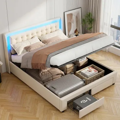 Image de INONEFT, lit capitonné 140 x 190 cm, lit à lattes avec système hydraulique, espace de rangement et barre de LED, équipé de deux tiroirs, couleur beige, revêtement en velours