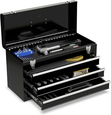 Produktbild von Werkzeugkoffer, Werkzeugkasten, Werkzeugbox, tragbare Werkzeugaufbewahrung, Werkzeugkiste aus Metall, Werkzeugschrank mit 3 Schubladen und 1 Ablagefach, 52 x 21,5 x 30 cm (Schwarz)
