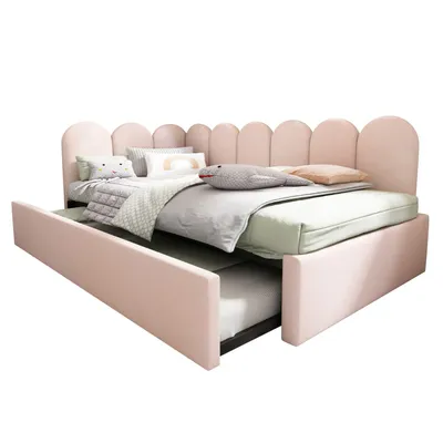 Obrázok produktu pre Čalúnená posteľ Daybett 90x200cm, rozkladacia pohovka s výsuvným lôžkom 90x190cm, detská posteľ s roštom, zamat, ružová, bez matraca