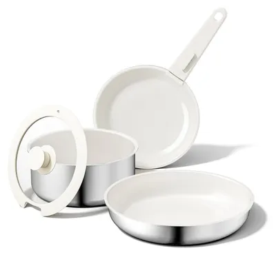 Produktbild von 5-teiliges Keramik Pfannenset mit abnehmbarem Griff, Induktion, Beige