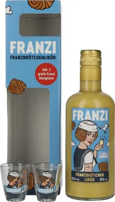 Image de Franzi Franzbrötchen Likör 15% Vol. 0,5l en boîte cadeau avec 2 Shotgläser