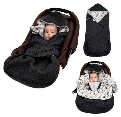 Produktbild von Einschlagdecke für Babyschalen - Fußsack für Maxi-Cosi - Decke für Kinderwagen - Für Neugeborene bis 11 Monate aus 100% Wolle (Grau/Blumen)