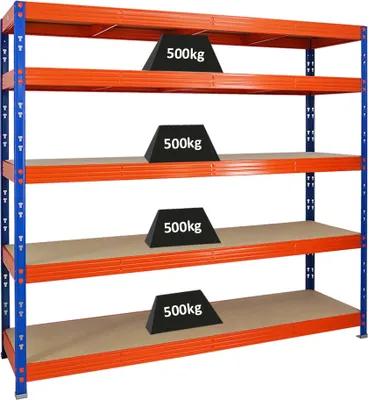 Produktbild von Profi Schwerlastregal RHINO | HxBxT 180x200x60cm | 5 Spanplatten-Ebenen 8mm | Fachlast 500kg | Blau/Orange
