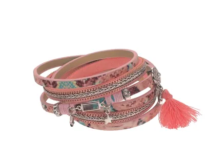 Produktbild von Wickelarmband aus Leder mit Magnetverschluss mit Strass-Anhänger Quaste Herz Stern 1,5x39cm Farbe - coralle