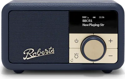 A studio shot of a navy blue Roberts Revival Petite 2 DAB+ radio.