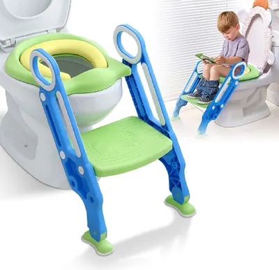 Produktbild von ACXIN Toilettensitz Kinder mit Treppe Faltbar Töpfchentrainer Höhenverstellbar WC Trainer mit PolyurethanGepolstert Kissen und Griffen Töpfchen (Blau und Grün)