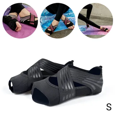 Image de Chaussettes de yoga pour femmes, chaussettes à orteils, chaussures de Pilates, chaussettes de fitness à lanières croisées, chaussettes de yoga antidérapantes pour l'intérieur, taille 35/36