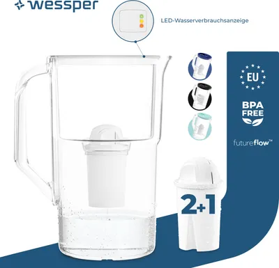 Zdjęcie produktu dla Dzbanek filtrujący wodę Wessper 3,3 l z licznikiem LED Karafka filtrująca Classic kompatybilna z filtrem Brita Classic - biały | 3x filtry w zestawie