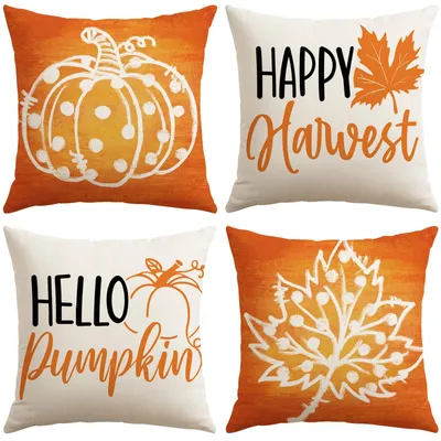 Kissenbezüge 40x40 cm, 4er-Set, Herbstdeko Kürbis Ahornblätter Orange